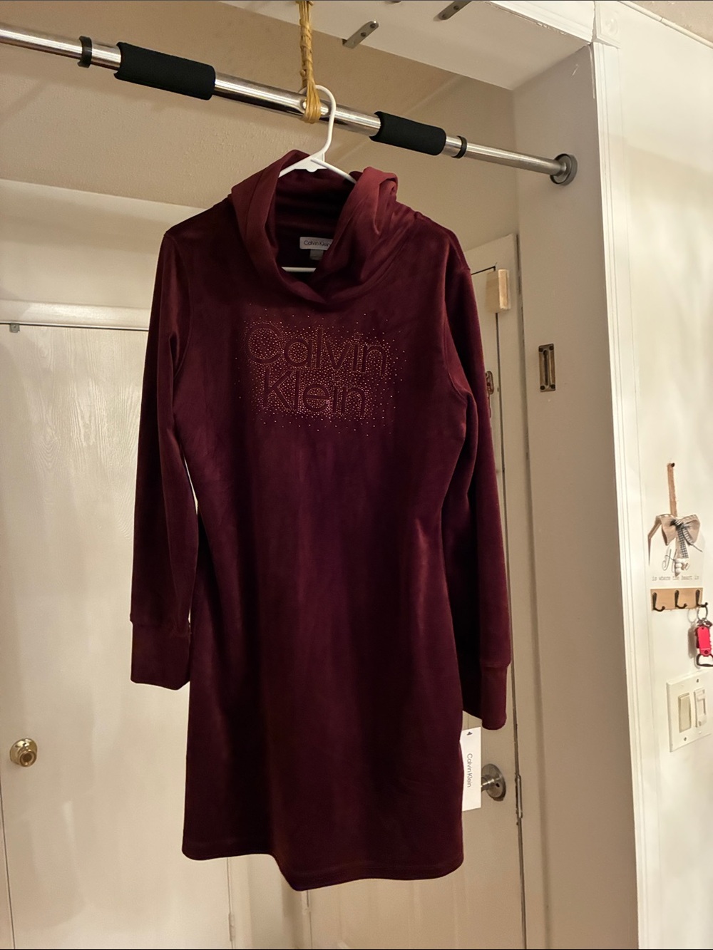 Calvin Klein Girls' Burgundy Velvet Hooded Logo Dress